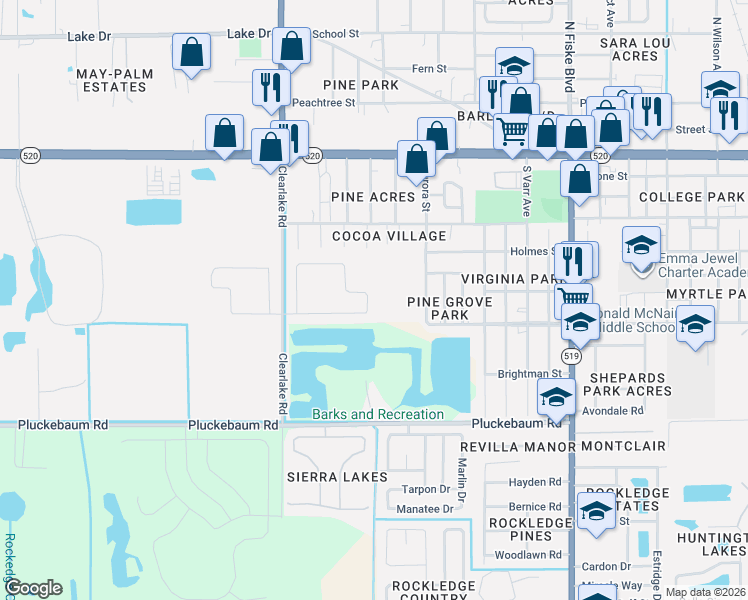 map of restaurants, bars, coffee shops, grocery stores, and more near 360 Sorrento Drive in Cocoa