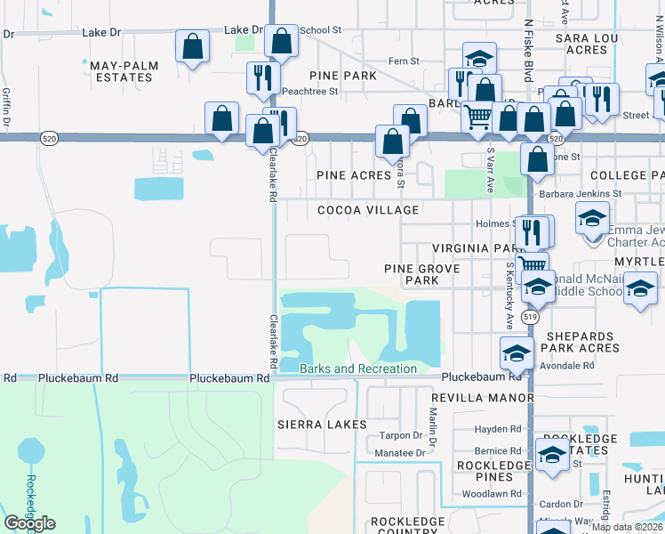 map of restaurants, bars, coffee shops, grocery stores, and more near 235 Sorrento Drive in Cocoa