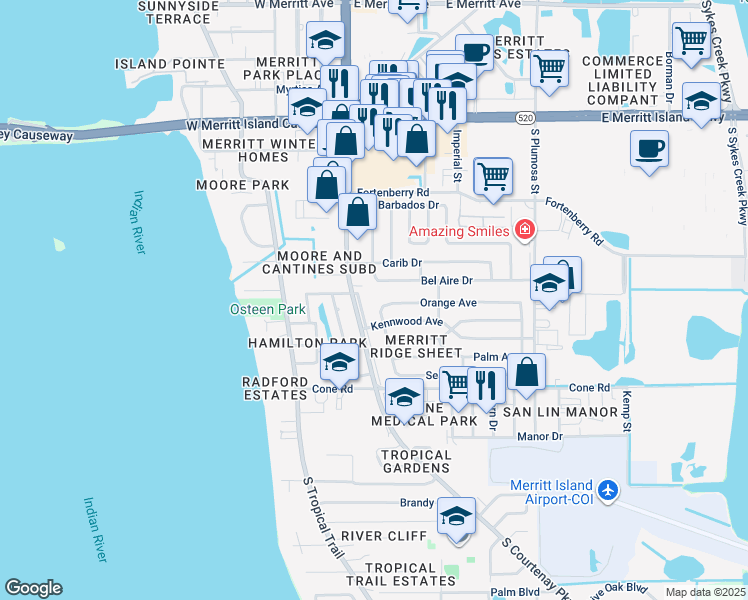 map of restaurants, bars, coffee shops, grocery stores, and more near 32 Ocean Street in Merritt Island