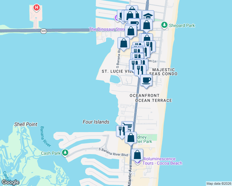 map of restaurants, bars, coffee shops, grocery stores, and more near 188 Pinellas Lane in Cocoa Beach