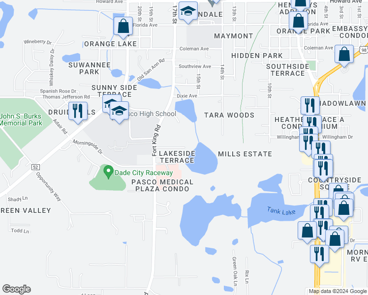 map of restaurants, bars, coffee shops, grocery stores, and more near 37266 Grassy Hill Lane in Dade City
