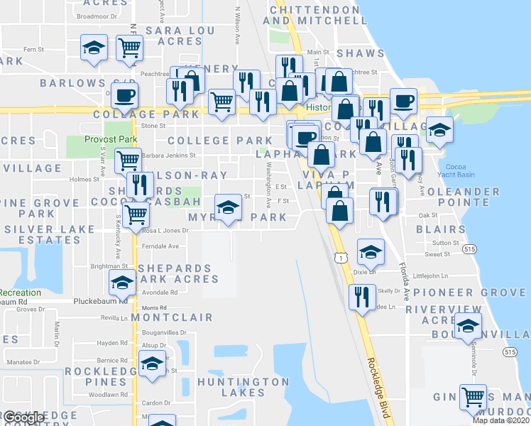 map of restaurants, bars, coffee shops, grocery stores, and more near 811 Washington Avenue in Cocoa
