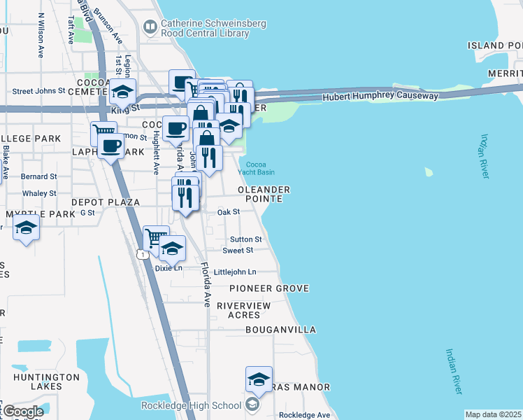 map of restaurants, bars, coffee shops, grocery stores, and more near 104 Riverside Drive in Cocoa