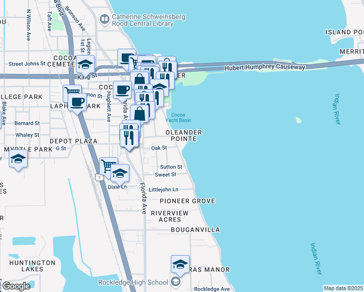 map of restaurants, bars, coffee shops, grocery stores, and more near 104 Riverside Drive in Cocoa