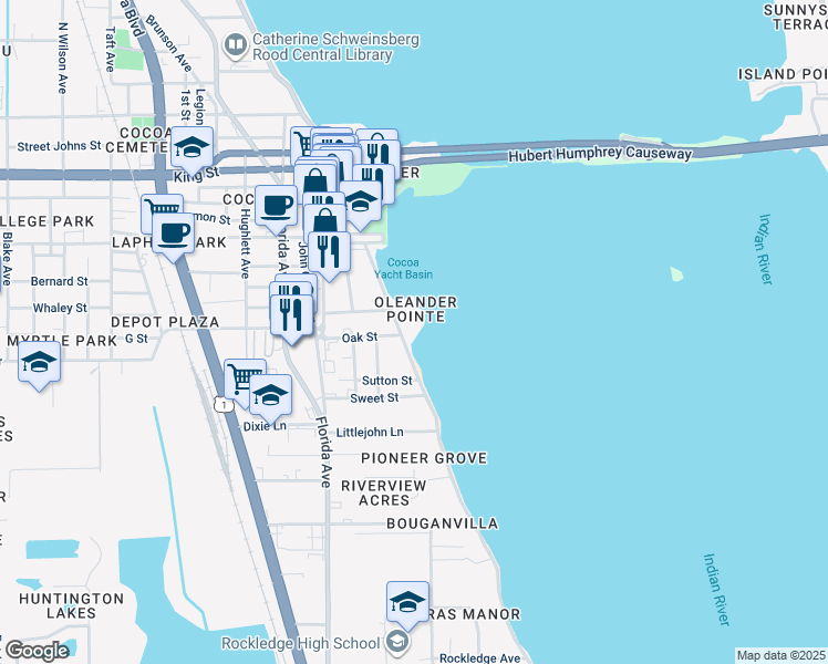 map of restaurants, bars, coffee shops, grocery stores, and more near 104 Riverside Drive in Cocoa
