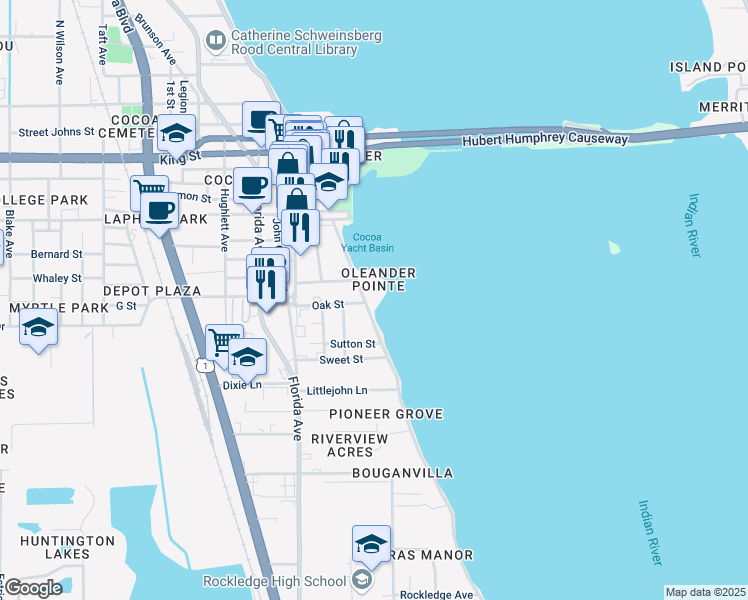 map of restaurants, bars, coffee shops, grocery stores, and more near 104 Riverside Drive in Cocoa