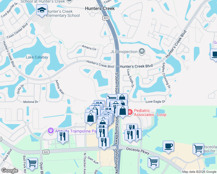 map of restaurants, bars, coffee shops, grocery stores, and more near 3118 Turtle Lane in Orlando