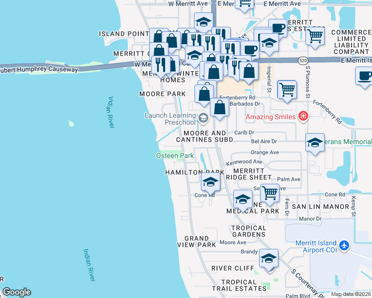 map of restaurants, bars, coffee shops, grocery stores, and more near 420 County Road 3 in Merritt Island