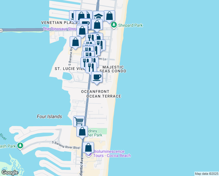 map of restaurants, bars, coffee shops, grocery stores, and more near 3400 Ocean Beach Boulevard in Cocoa Beach