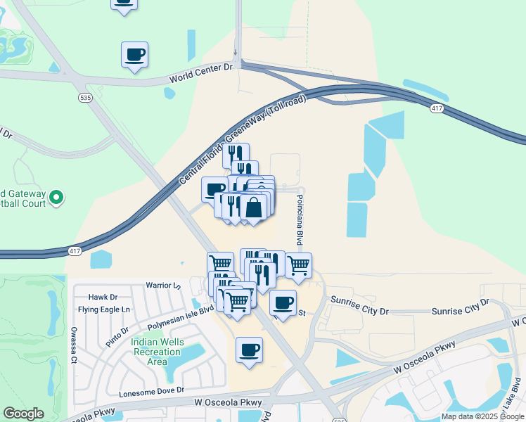 map of restaurants, bars, coffee shops, grocery stores, and more near 15609 South Apopka Vineland Road in Orlando