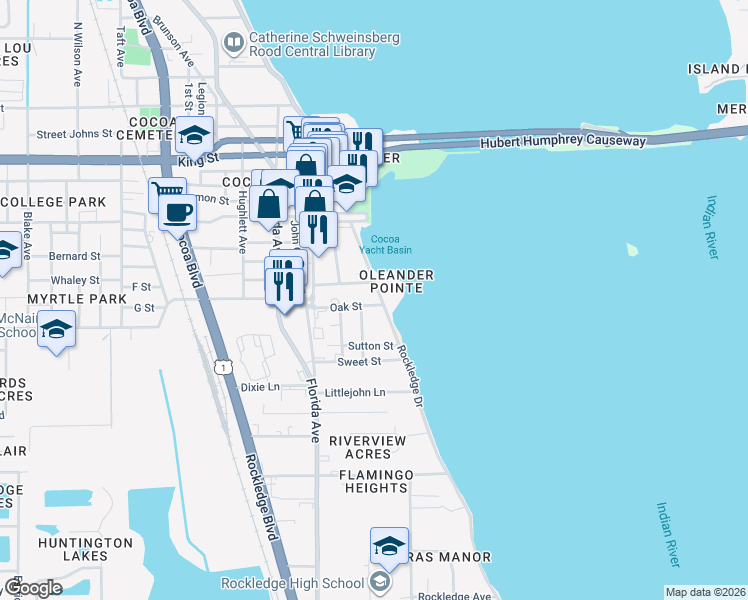 map of restaurants, bars, coffee shops, grocery stores, and more near 8 Oak Street in Cocoa