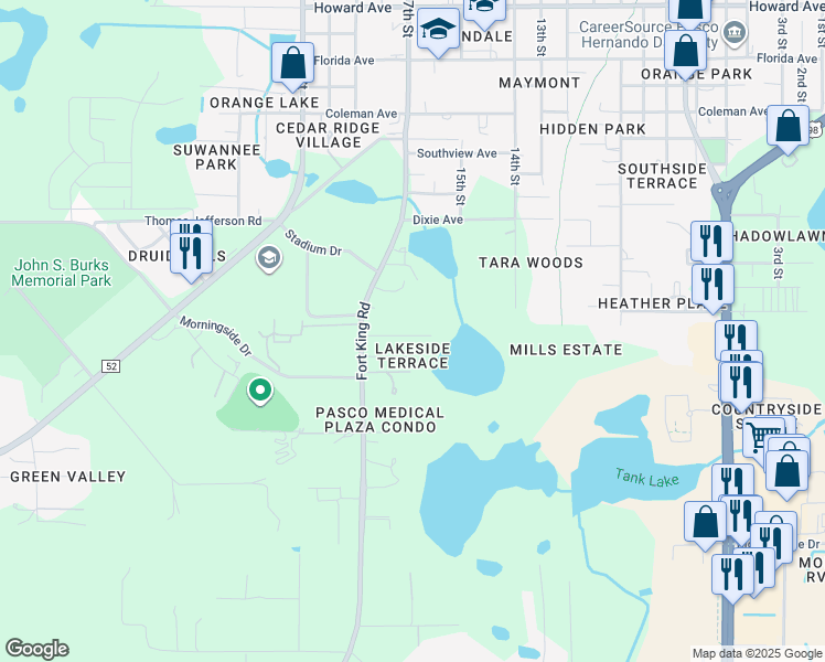 map of restaurants, bars, coffee shops, grocery stores, and more near 37216 Grassy Hill Lane in Dade City