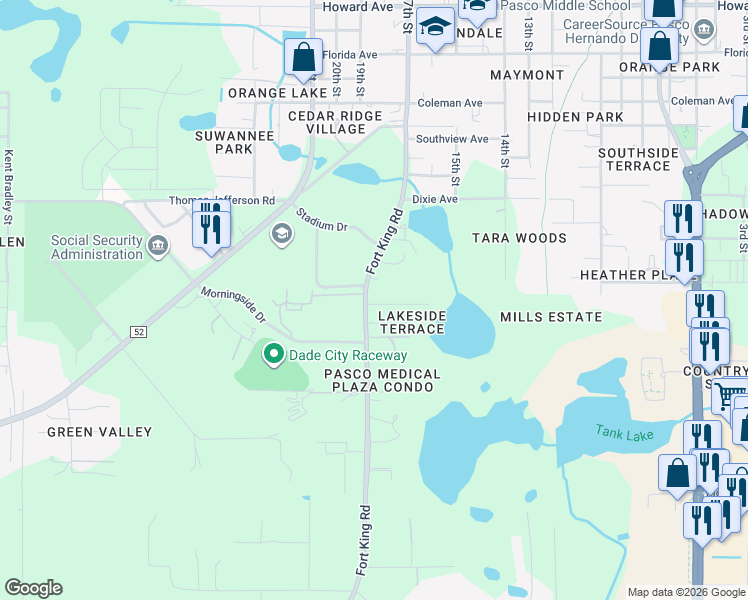 map of restaurants, bars, coffee shops, grocery stores, and more near 37132 Grassy Hill Lane in Dade City