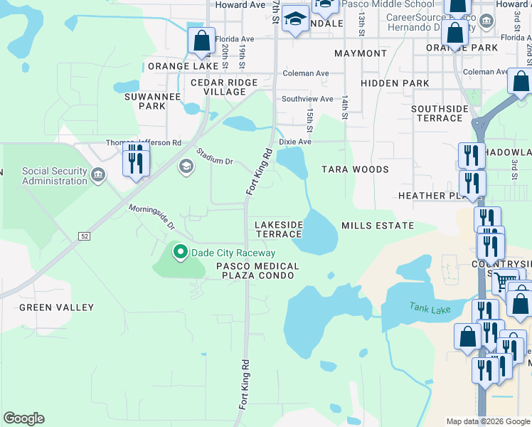 map of restaurants, bars, coffee shops, grocery stores, and more near 37216 Grassy Hill Lane in Dade City