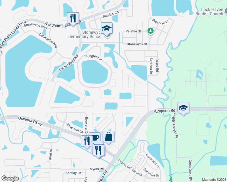 map of restaurants, bars, coffee shops, grocery stores, and more near 14102 Gold Bridge Drive in Orlando