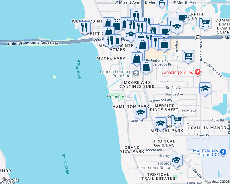 map of restaurants, bars, coffee shops, grocery stores, and more near 169 Platt Avenue in Merritt Island