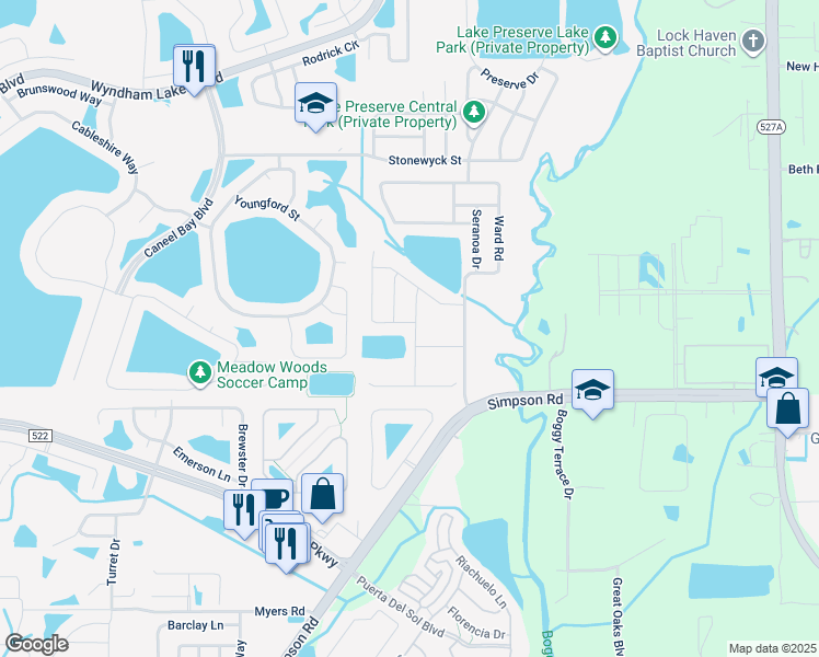 map of restaurants, bars, coffee shops, grocery stores, and more near 3794 Yacobian Place in Orlando