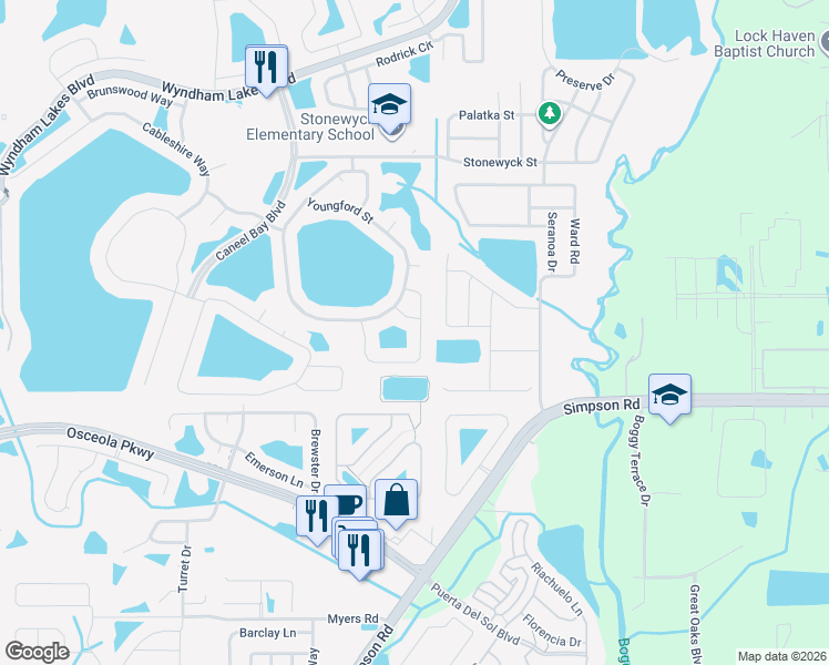 map of restaurants, bars, coffee shops, grocery stores, and more near 14102 Gold Bridge Drive in Orlando