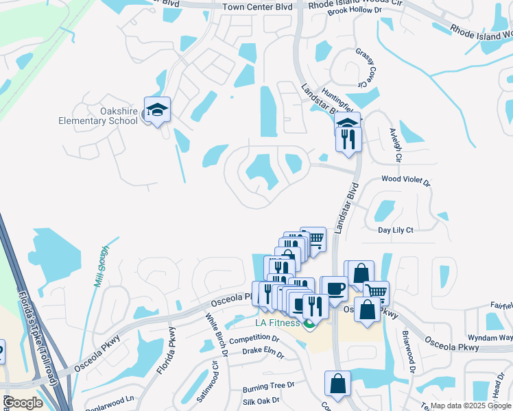 map of restaurants, bars, coffee shops, grocery stores, and more near 1129 Lake Biscayne Way in Orlando