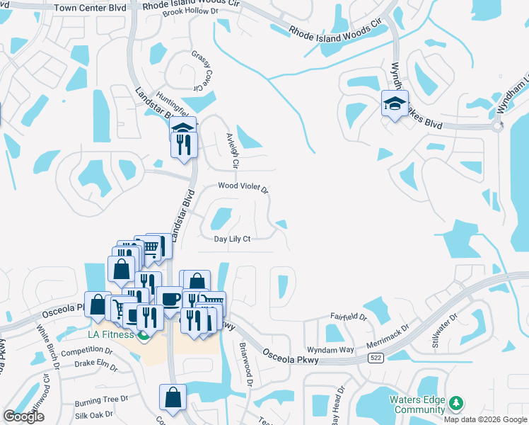 map of restaurants, bars, coffee shops, grocery stores, and more near 1730 Wood Violet Drive in Orlando