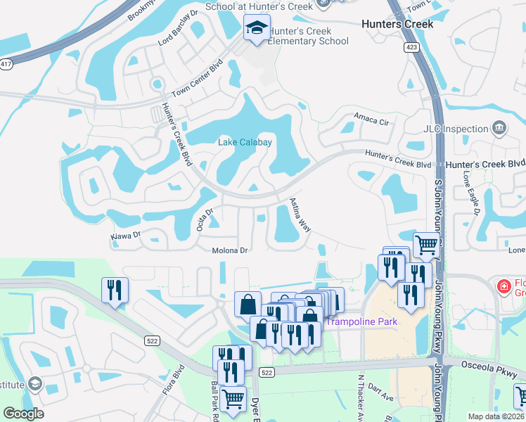 map of restaurants, bars, coffee shops, grocery stores, and more near 14522 Potanow Trail in Orlando
