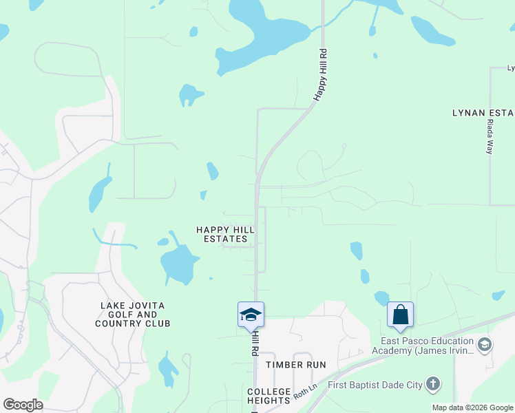 map of restaurants, bars, coffee shops, grocery stores, and more near 13360 Happy Hill Road in Dade City