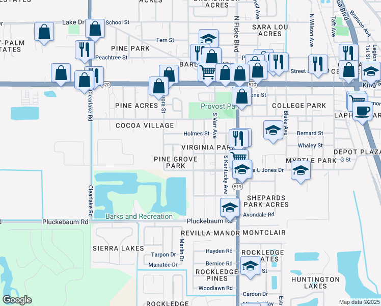 map of restaurants, bars, coffee shops, grocery stores, and more near 1404 Counts Street in Cocoa
