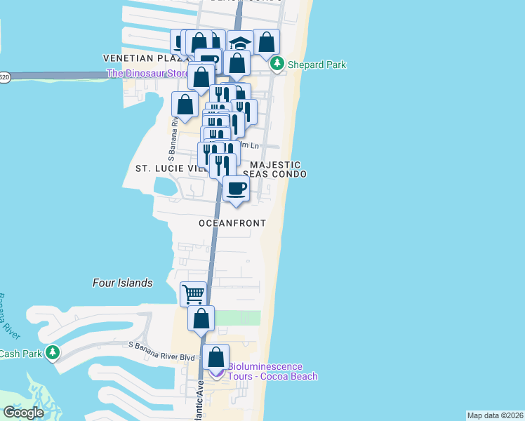 map of restaurants, bars, coffee shops, grocery stores, and more near 3400 Ocean Beach Boulevard in Cocoa Beach