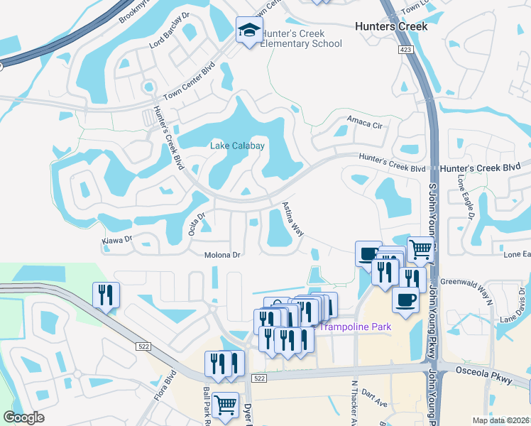 map of restaurants, bars, coffee shops, grocery stores, and more near 14522 Potanow Trail in Orlando