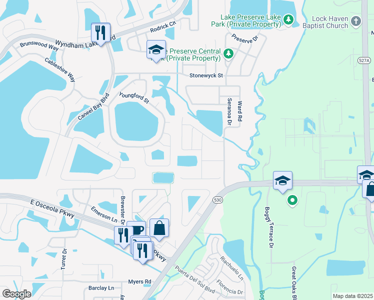 map of restaurants, bars, coffee shops, grocery stores, and more near 3752 Yacobian Place in Orlando