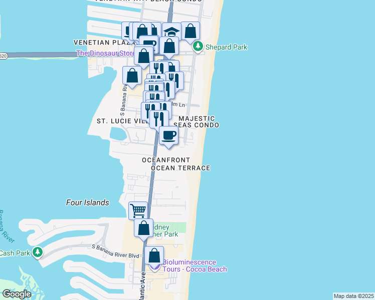 map of restaurants, bars, coffee shops, grocery stores, and more near 3450 Ocean Beach Boulevard in Cocoa Beach