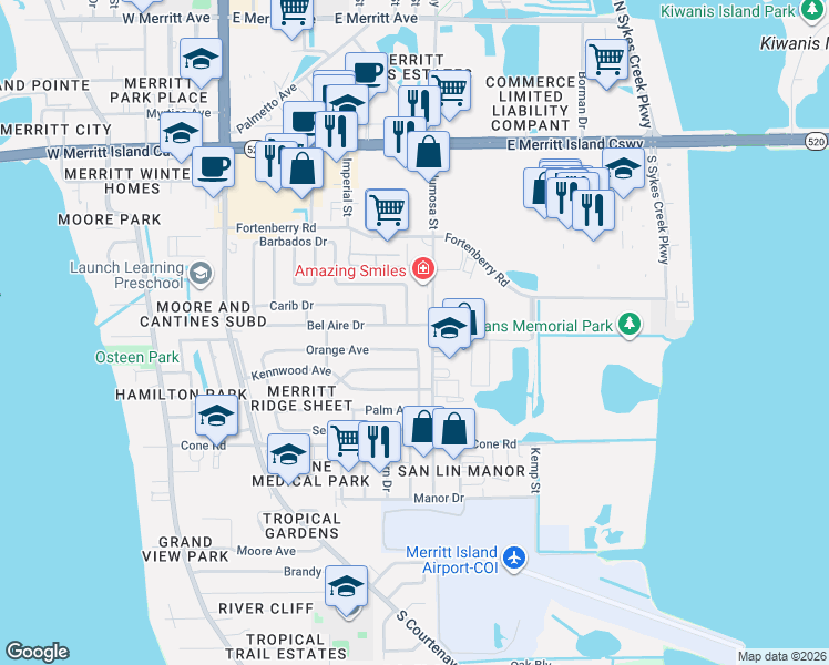 map of restaurants, bars, coffee shops, grocery stores, and more near 31 Indian Street in Merritt Island