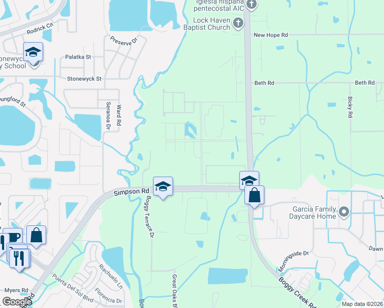 map of restaurants, bars, coffee shops, grocery stores, and more near 3157 Simpson Road in Kissimmee