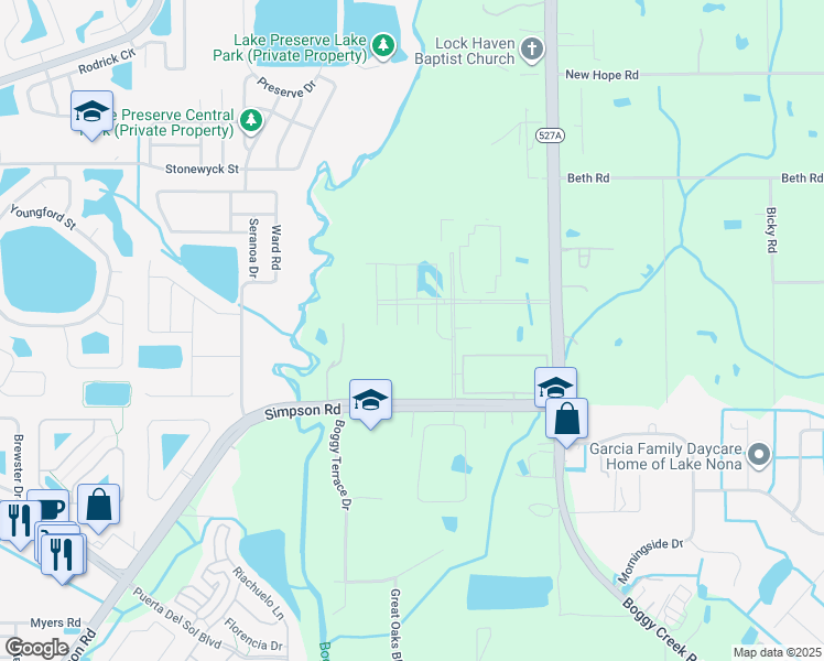 map of restaurants, bars, coffee shops, grocery stores, and more near 3157 Simpson Road in Kissimmee