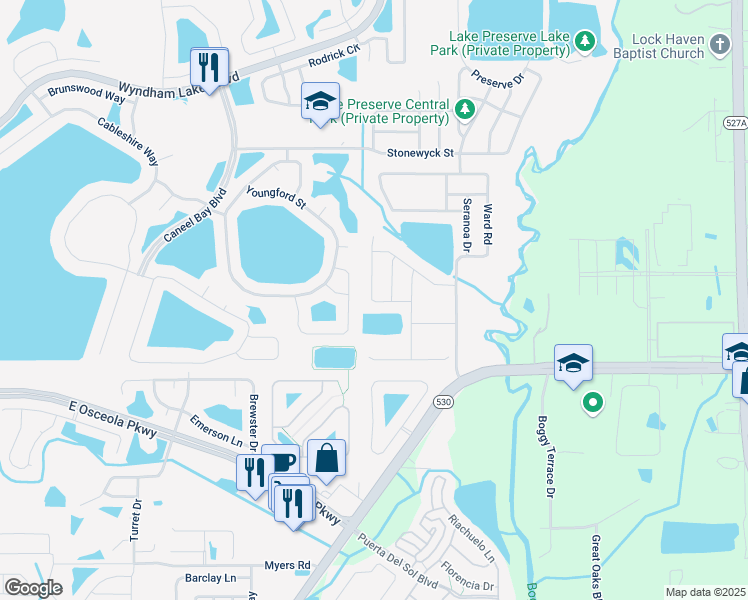 map of restaurants, bars, coffee shops, grocery stores, and more near 3752 Yacobian Place in Orlando