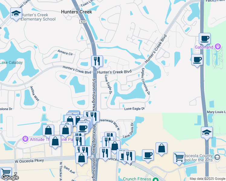 map of restaurants, bars, coffee shops, grocery stores, and more near 14643 Lone Eagle Drive in Orlando