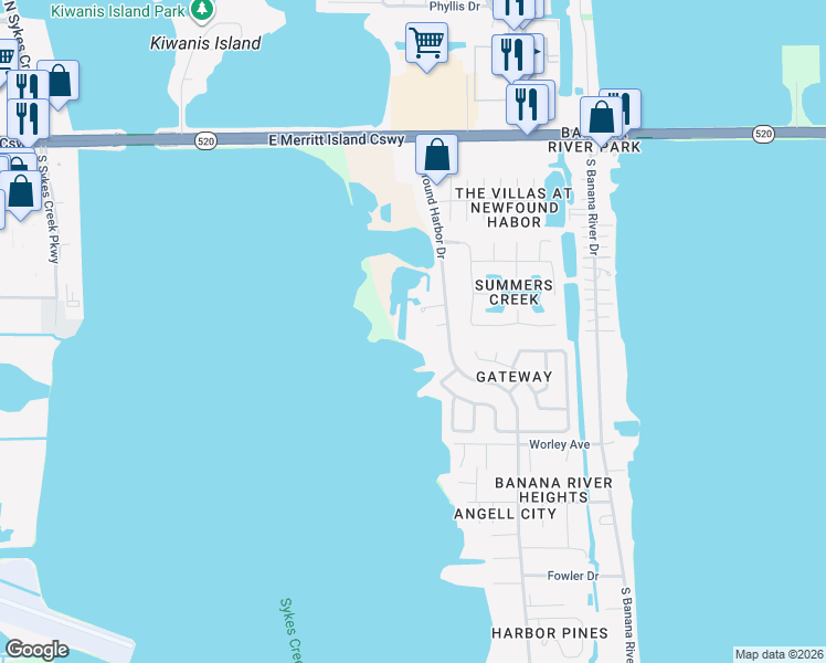 map of restaurants, bars, coffee shops, grocery stores, and more near 405 Newfound Harbor Drive in Merritt Island
