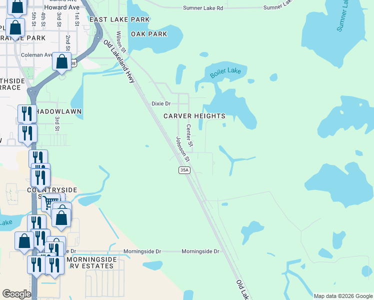 map of restaurants, bars, coffee shops, grocery stores, and more near 38803 Old Sparkman Road in Dade City