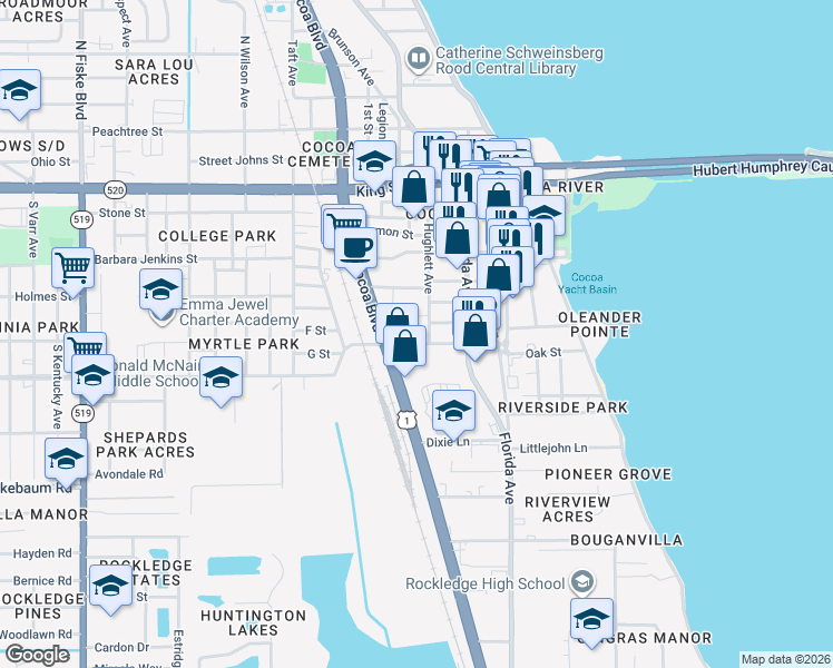 map of restaurants, bars, coffee shops, grocery stores, and more near 699 Hughlett Avenue in Cocoa