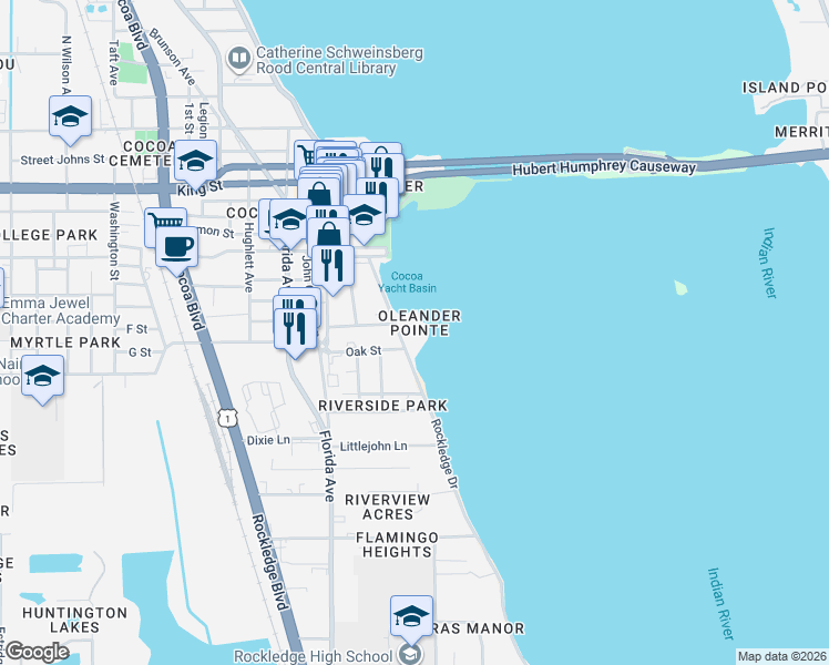 map of restaurants, bars, coffee shops, grocery stores, and more near 100 Riverside Drive in Cocoa