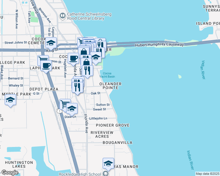 map of restaurants, bars, coffee shops, grocery stores, and more near 100 Riverside Drive in Cocoa