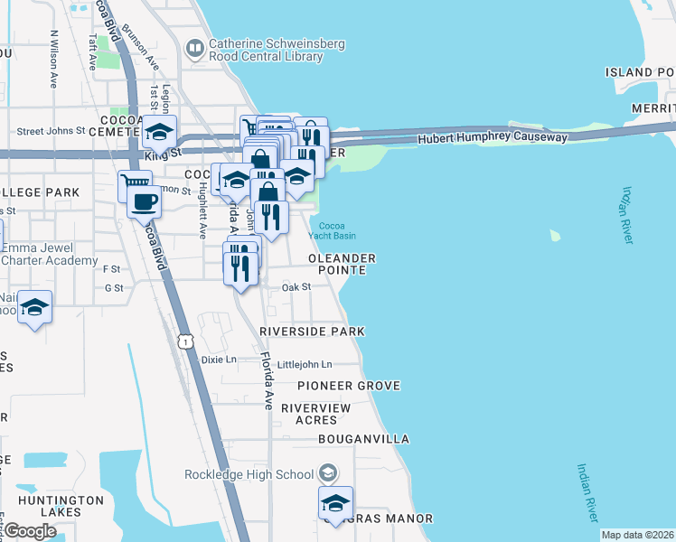 map of restaurants, bars, coffee shops, grocery stores, and more near 100 Riverside Drive in Cocoa