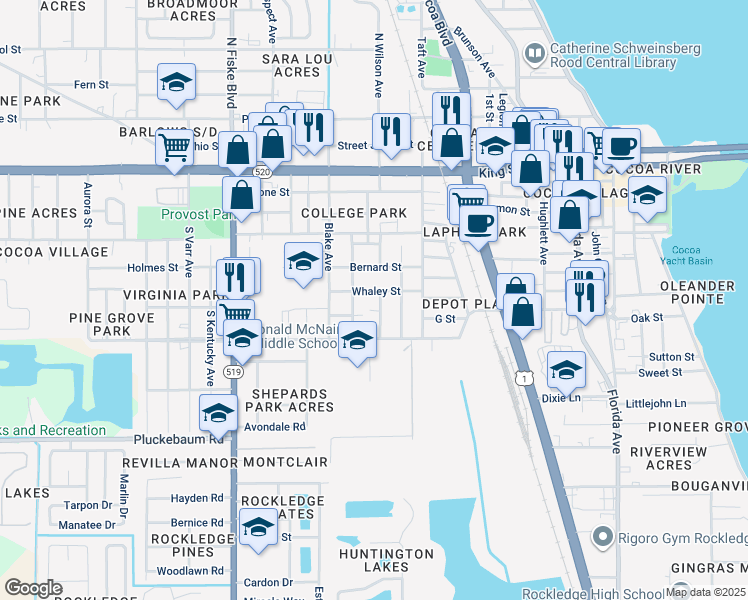 map of restaurants, bars, coffee shops, grocery stores, and more near 470 Whaley Street in Cocoa