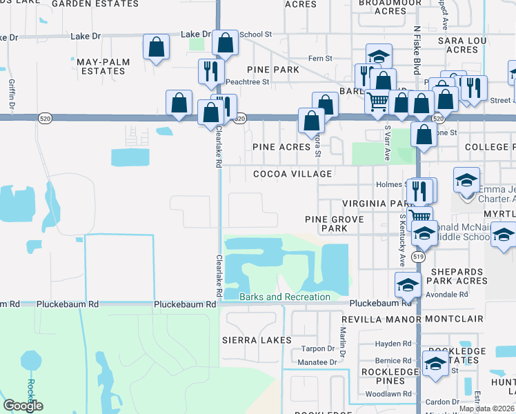 map of restaurants, bars, coffee shops, grocery stores, and more near 580 Sorrento Drive in Cocoa