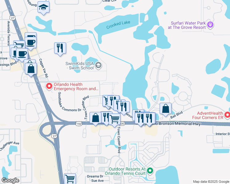 map of restaurants, bars, coffee shops, grocery stores, and more near 130 Town Center Boulevard in Clermont