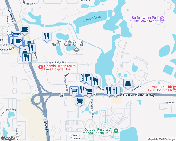 map of restaurants, bars, coffee shops, grocery stores, and more near 130 Town Center Boulevard in Clermont
