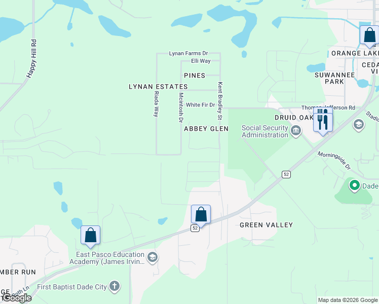 map of restaurants, bars, coffee shops, grocery stores, and more near 13245 Waterford Castle Drive in Dade City