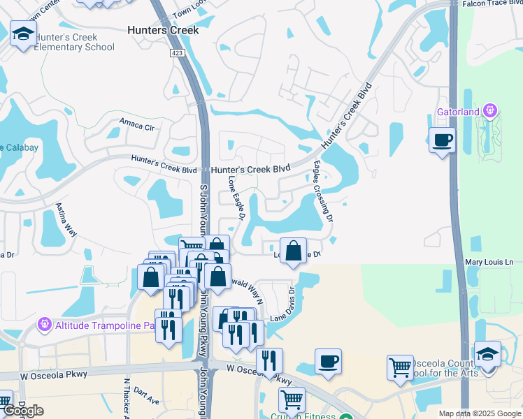 map of restaurants, bars, coffee shops, grocery stores, and more near 2931 Eagle Lake Drive in Orlando