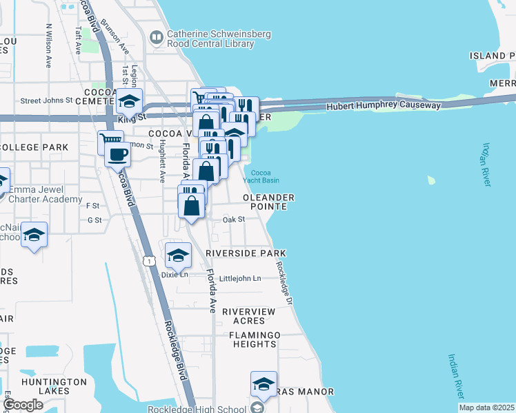 map of restaurants, bars, coffee shops, grocery stores, and more near 102 Riverside Drive in Cocoa