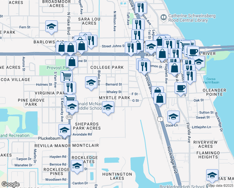 map of restaurants, bars, coffee shops, grocery stores, and more near 470 Whaley Street in Cocoa